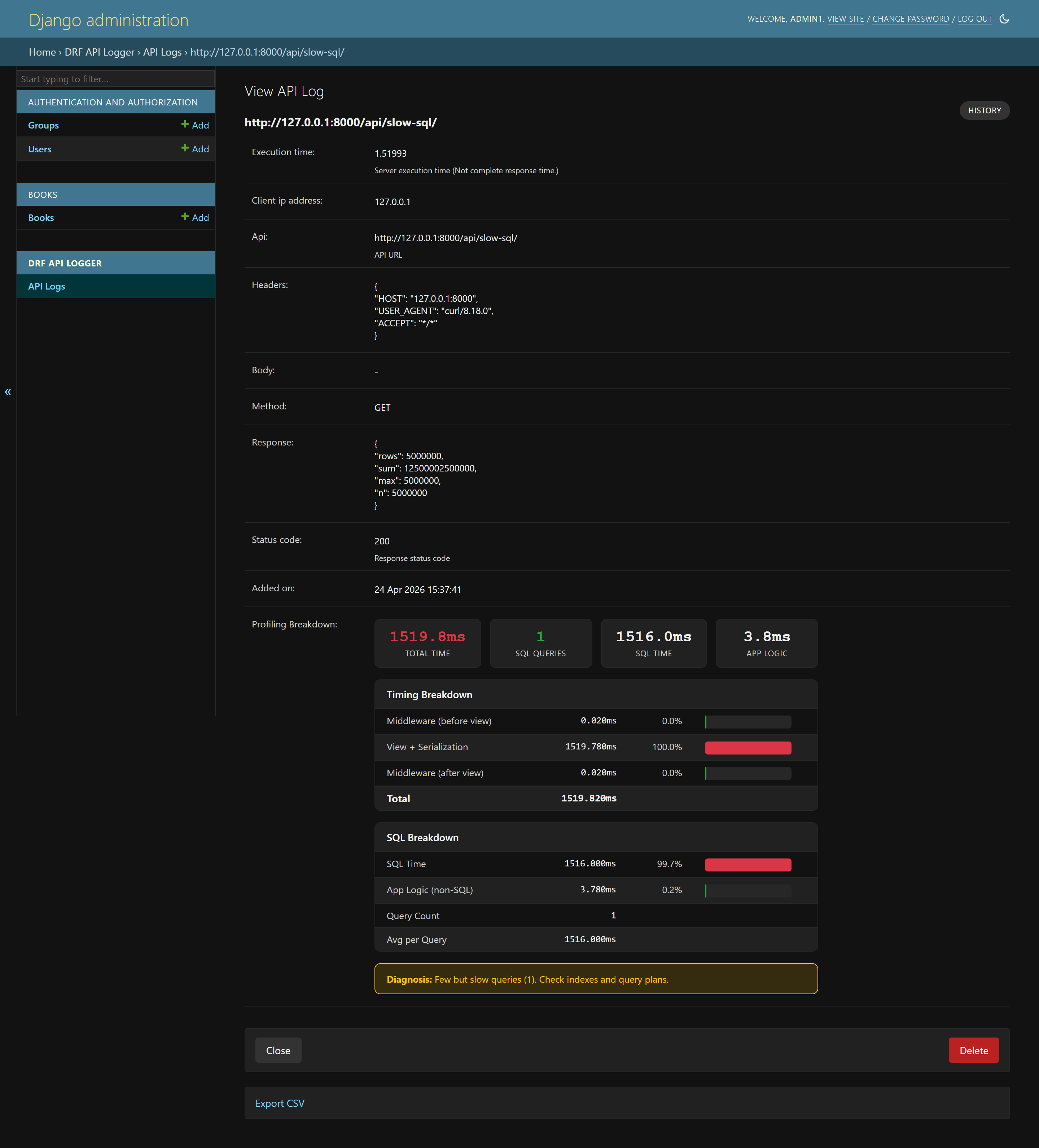 DRF API Logger detail view showing slow SQL query detection with execution time breakdown
