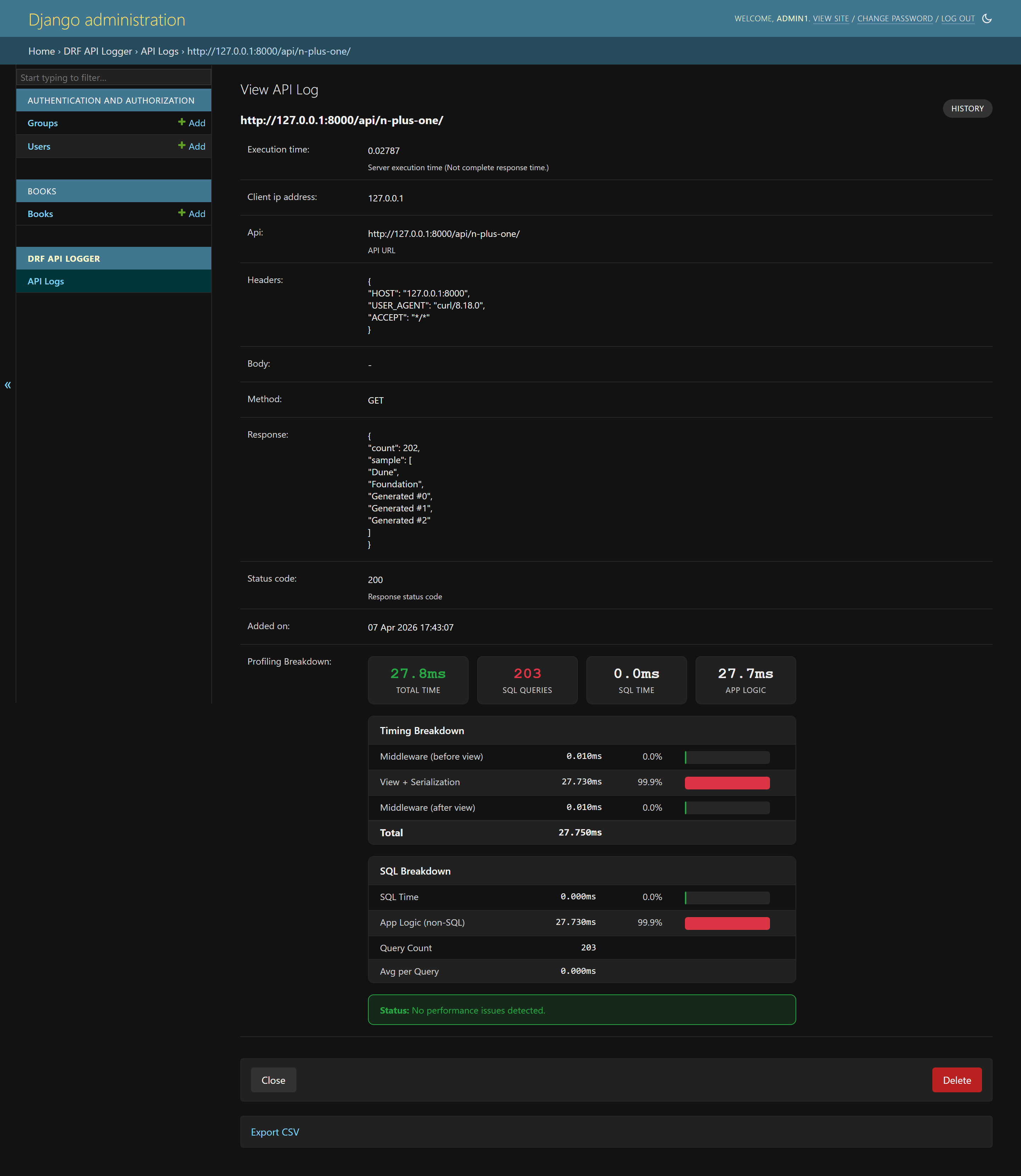 DRF API Logger detail view showing API timing and diagnostic information